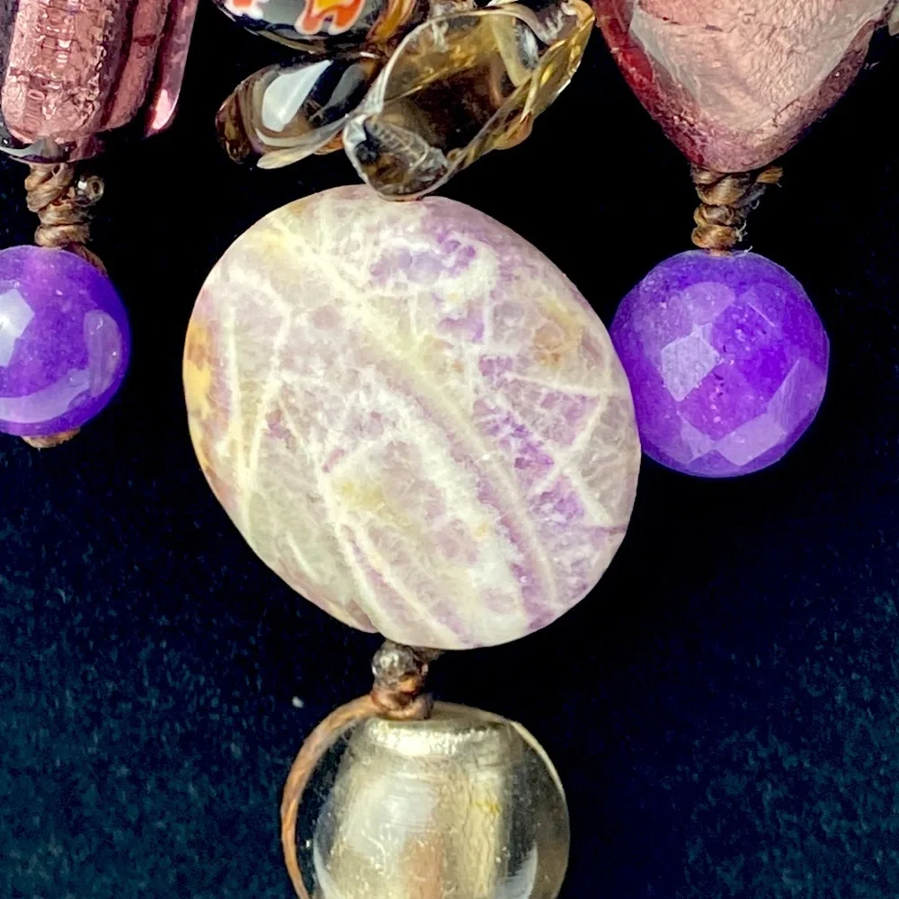 Corded braided dichroic glass polished stone w faceted Millefiori beads necklace